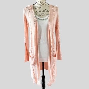 Long Cardigan Duster Length Knit Crochet Sweater Pink Size Smalll